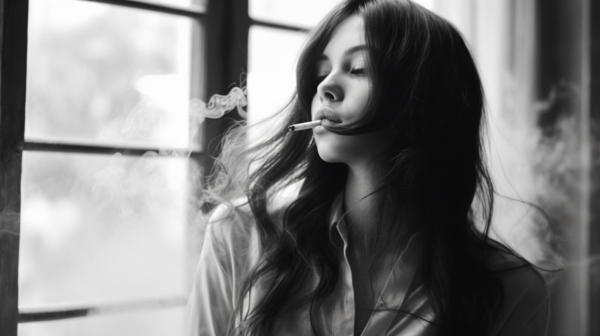 In this black and white photo, a woman is seen standing in front of a window, smoking a cigarette. The woman has long black hair and is wearing a simple outfit. The photo captures her profile as she takes a drag from the cigarette, with the smoke swirling around her. The room behind her is dimly lit, emphasizing her silhouette against the window. The contrast between light and dark adds a dramatic effect to the image. The overall mood is contemplative and mysterious, making the viewer wonder about the woman''s thoughts and emotions.