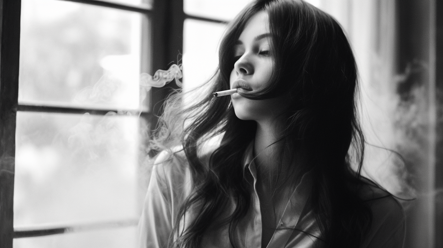 In this black and white photo, a woman is seen standing in front of a window, smoking a cigarette. The woman has long black hair and is wearing a simple outfit. The photo captures her profile as she takes a drag from the cigarette, with the smoke swirling around her. The room behind her is dimly lit, emphasizing her silhouette against the window. The contrast between light and dark adds a dramatic effect to the image. The overall mood is contemplative and mysterious, making the viewer wonder about the woman''s thoughts and emotions.