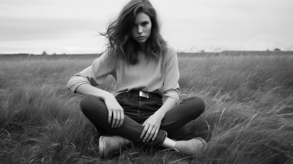 A serene scene captured in black and white, where a young woman is sitting gracefully in a vast field of tall grass. Her long, flowing hair dances in the wind as she sits with her legs crossed, embodying a sense of peace and tranquility. She is wearing a pair of boots and a belt, adding a touch of ruggedness to her otherwise ethereal presence. In the background, the grass sways gently, creating a harmonious atmosphere. The image exudes a sense of calm and connection with nature, inviting the viewer to pause and appreciate the beauty of the moment