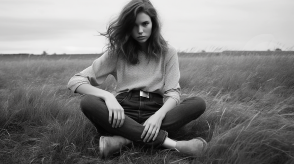 A serene scene captured in black and white, where a young woman is sitting gracefully in a vast field of tall grass. Her long, flowing hair dances in the wind as she sits with her legs crossed, embodying a sense of peace and tranquility. She is wearing a pair of boots and a belt, adding a touch of ruggedness to her otherwise ethereal presence. In the background, the grass sways gently, creating a harmonious atmosphere. The image exudes a sense of calm and connection with nature, inviting the viewer to pause and appreciate the beauty of the moment