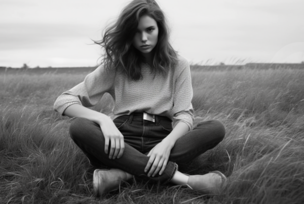 A serene scene captured in black and white, where a young woman is sitting gracefully in a vast field of tall grass. Her long, flowing hair dances in the wind as she sits with her legs crossed, embodying a sense of peace and tranquility. She is wearing a pair of boots and a belt, adding a touch of ruggedness to her otherwise ethereal presence. In the background, the grass sways gently, creating a harmonious atmosphere. The image exudes a sense of calm and connection with nature, inviting the viewer to pause and appreciate the beauty of the moment