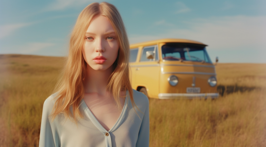 A woman with long blonde hair and a blue shirt is standing in a field with a yellow van in the background. The woman appears to be around 21 years old and is facing the camera. The van is parked a short distance away, with its yellow color standing out against the greenery of the field. The woman''s long hair is flowing in the wind, adding a sense of movement to the scene. The image captures a serene moment in nature, with the woman and the van adding a touch of human presence to the peaceful surroundings.