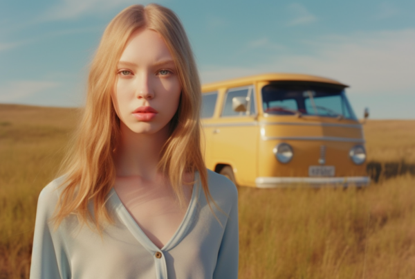 A woman with long blonde hair and a blue shirt is standing in a field with a yellow van in the background. The woman appears to be around 21 years old and is facing the camera. The van is parked a short distance away, with its yellow color standing out against the greenery of the field. The woman''s long hair is flowing in the wind, adding a sense of movement to the scene. The image captures a serene moment in nature, with the woman and the van adding a touch of human presence to the peaceful surroundings.