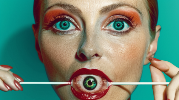 In this image, we see a young woman with striking features. She has a vivid red lip and is holding a fake eyeball on a stick in front of her face. The woman appears to be in her late twenties and has a feminine appearance. She is the main focus of the image, with her face taking up a significant portion of the frame. The woman''s expressive eyes stand out, complemented by her bold lip color. The overall color scheme of the image includes shades of brown, green, and blue. The woman''s hand holding the fake eyeball is also visible, adding an element of playfulness to the scene.