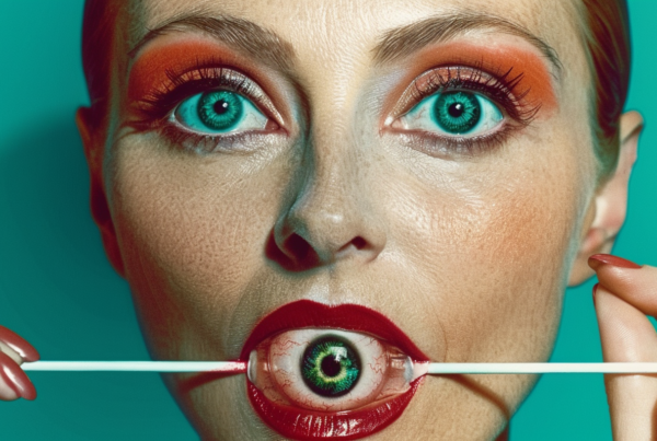 In this image, we see a young woman with striking features. She has a vivid red lip and is holding a fake eyeball on a stick in front of her face. The woman appears to be in her late twenties and has a feminine appearance. She is the main focus of the image, with her face taking up a significant portion of the frame. The woman''s expressive eyes stand out, complemented by her bold lip color. The overall color scheme of the image includes shades of brown, green, and blue. The woman''s hand holding the fake eyeball is also visible, adding an element of playfulness to the scene.