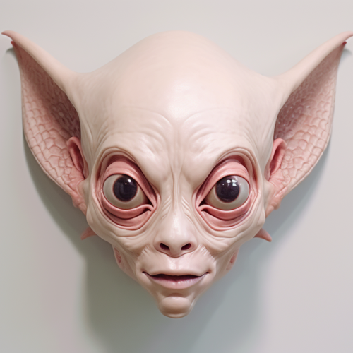 This image showcases a creepy alien head mounted on a wall. The alien head features pink eyes and a white face, giving it a haunting appearance. The eyes are particularly striking, drawing attention to the eerie nature of the creature. The overall color palette of the image includes shades of pink, white, and gray, enhancing the spooky vibe. The alien head is the focal point of the image, with its large eyes and distinctive features standing out. This unique and unsettling decoration would be a bold addition to any space, evoking a sense of mystery and intrigue.