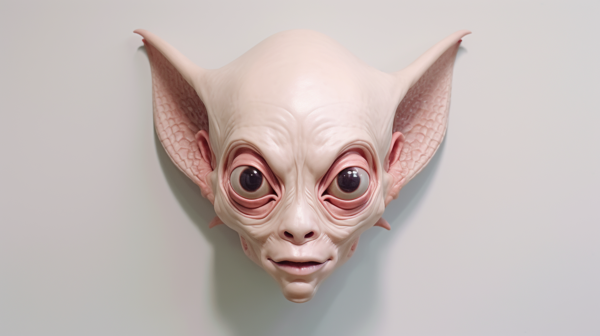 This image showcases a creepy alien head mounted on a wall. The alien head features pink eyes and a white face, giving it a haunting appearance. The eyes are particularly striking, drawing attention to the eerie nature of the creature. The overall color palette of the image includes shades of pink, white, and gray, enhancing the spooky vibe. The alien head is the focal point of the image, with its large eyes and distinctive features standing out. This unique and unsettling decoration would be a bold addition to any space, evoking a sense of mystery and intrigue.