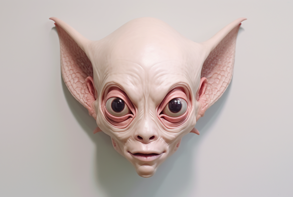 This image showcases a creepy alien head mounted on a wall. The alien head features pink eyes and a white face, giving it a haunting appearance. The eyes are particularly striking, drawing attention to the eerie nature of the creature. The overall color palette of the image includes shades of pink, white, and gray, enhancing the spooky vibe. The alien head is the focal point of the image, with its large eyes and distinctive features standing out. This unique and unsettling decoration would be a bold addition to any space, evoking a sense of mystery and intrigue.