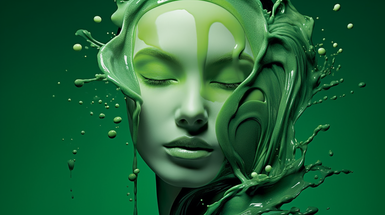 A young woman with long brown hair and a serene expression on her face is shown with vibrant green paint covering her entire face. The paint creates a striking contrast against her fair skin. She is looking directly at the camera with a calm and contemplative gaze. The background of the image is blurred, emphasizing the woman''s face. The green paint gives her an artistic and unique appearance, almost as if she is a part of a creative project or performance art piece. The woman''s features are soft and feminine, adding to the overall ethereal and captivating vibe of the image