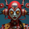A detailed sculpture of a woman in a vibrant red and yellow costume is depicted in the image. The sculpture is wearing headphones and has a futuristic and robotic appearance. The face of the sculpture is red, with glowing eyes adding to the robotic aesthetic. The intricate details of the costume and the headphones are visible, showcasing the artistry and creativity of the sculpture. The colors in the image are primarily shades of brown and red, with accents of blue and black. The sculpture exudes a sense of energy and creativity, making it a captivating piece of art to behold.