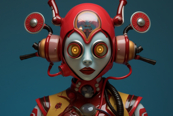 A detailed sculpture of a woman in a vibrant red and yellow costume is depicted in the image. The sculpture is wearing headphones and has a futuristic and robotic appearance. The face of the sculpture is red, with glowing eyes adding to the robotic aesthetic. The intricate details of the costume and the headphones are visible, showcasing the artistry and creativity of the sculpture. The colors in the image are primarily shades of brown and red, with accents of blue and black. The sculpture exudes a sense of energy and creativity, making it a captivating piece of art to behold.