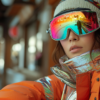 In the image, there is a woman wearing a ski jacket and goggles. The ski jacket is brightly colored and the goggles are likely used for protection against snow glare. The woman appears to be ready for outdoor winter activities. Additionally, the image shows glasses and a hat nearby, suggesting that the woman may have accessories for different weather conditions. The overall color palette of the image includes shades of brown, green, and pink. The woman''s outfit and gear indicate that she is prepared for skiing or snowboarding in a cold environment.