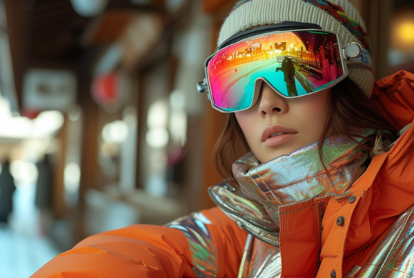 In the image, there is a woman wearing a ski jacket and goggles. The ski jacket is brightly colored and the goggles are likely used for protection against snow glare. The woman appears to be ready for outdoor winter activities. Additionally, the image shows glasses and a hat nearby, suggesting that the woman may have accessories for different weather conditions. The overall color palette of the image includes shades of brown, green, and pink. The woman''s outfit and gear indicate that she is prepared for skiing or snowboarding in a cold environment.