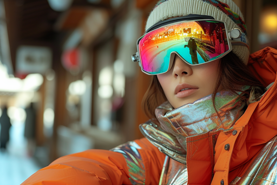 In the image, there is a woman wearing a ski jacket and goggles. The ski jacket is brightly colored and the goggles are likely used for protection against snow glare. The woman appears to be ready for outdoor winter activities. Additionally, the image shows glasses and a hat nearby, suggesting that the woman may have accessories for different weather conditions. The overall color palette of the image includes shades of brown, green, and pink. The woman''s outfit and gear indicate that she is prepared for skiing or snowboarding in a cold environment.