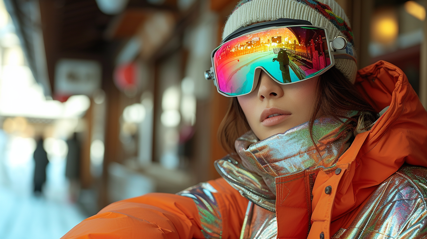 In the image, there is a woman wearing a ski jacket and goggles. The ski jacket is brightly colored and the goggles are likely used for protection against snow glare. The woman appears to be ready for outdoor winter activities. Additionally, the image shows glasses and a hat nearby, suggesting that the woman may have accessories for different weather conditions. The overall color palette of the image includes shades of brown, green, and pink. The woman''s outfit and gear indicate that she is prepared for skiing or snowboarding in a cold environment.