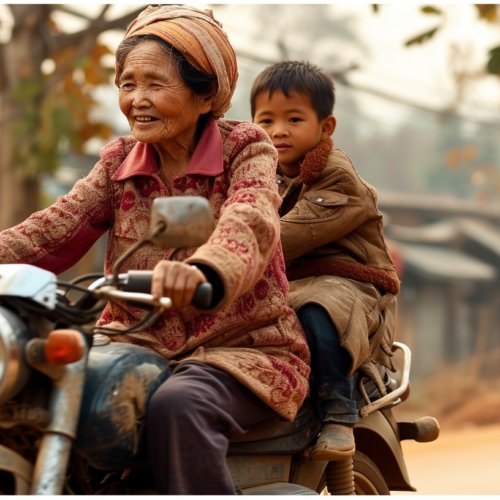 A woman and child are joyfully riding a motorcycle on a street. The woman, wearing a headscarf and a smile, is driving the motorcycle, while the child, wearing a helmet, is seated behind her. The motorcycle is a classic design, with a color scheme of brown and cream. The woman is in her sixties, and the child is a young boy around four years old. The scene exudes a sense of freedom and adventure as they cruise down the road. The image captures a mother and child bonding moment on a motorcycle ride in a rural area