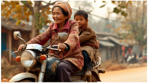 A woman and child are joyfully riding a motorcycle on a street. The woman, wearing a headscarf and a smile, is driving the motorcycle, while the child, wearing a helmet, is seated behind her. The motorcycle is a classic design, with a color scheme of brown and cream. The woman is in her sixties, and the child is a young boy around four years old. The scene exudes a sense of freedom and adventure as they cruise down the road. The image captures a mother and child bonding moment on a motorcycle ride in a rural area