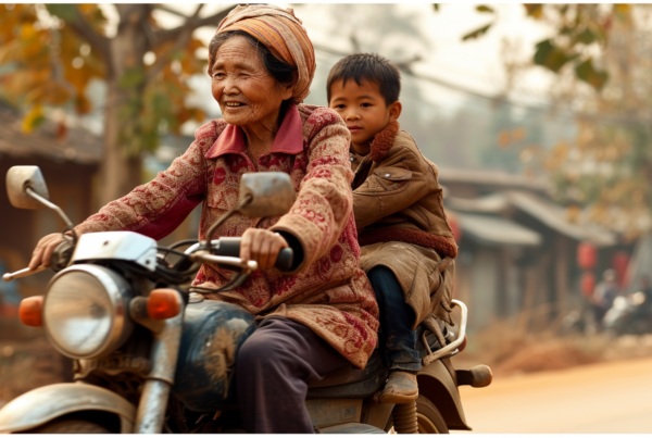 A woman and child are joyfully riding a motorcycle on a street. The woman, wearing a headscarf and a smile, is driving the motorcycle, while the child, wearing a helmet, is seated behind her. The motorcycle is a classic design, with a color scheme of brown and cream. The woman is in her sixties, and the child is a young boy around four years old. The scene exudes a sense of freedom and adventure as they cruise down the road. The image captures a mother and child bonding moment on a motorcycle ride in a rural area