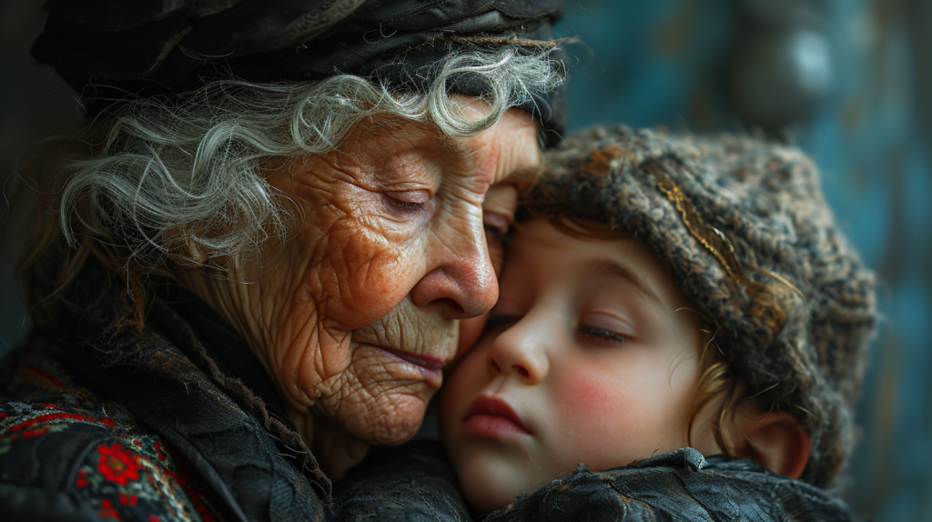 In this heartwarming image, a woman and a child are seen embracing each other in a loving hug. The woman, who appears to be a grandmother, has gray hair and is wearing a cozy sweater. The child, a young boy, is affectionately hugging her back. Both individuals have their eyes closed, expressing a deep sense of connection and love between them. The woman''s face shows signs of age, while the child''s face is youthful and innocent. The background is simple, allowing the focus to remain on the tender moment shared between the two.