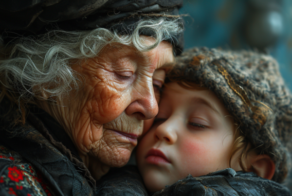 In this heartwarming image, a woman and a child are seen embracing each other in a loving hug. The woman, who appears to be a grandmother, has gray hair and is wearing a cozy sweater. The child, a young boy, is affectionately hugging her back. Both individuals have their eyes closed, expressing a deep sense of connection and love between them. The woman''s face shows signs of age, while the child''s face is youthful and innocent. The background is simple, allowing the focus to remain on the tender moment shared between the two.