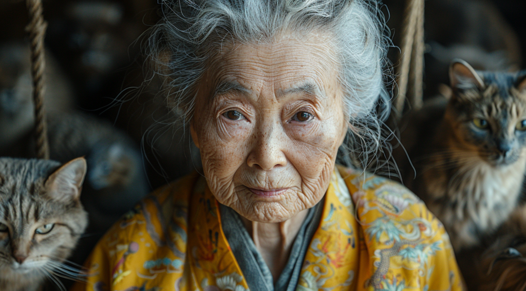 An elderly woman, approximately 71 years old, is sitting on a couch surrounded by multiple cats. The woman has gray hair and is wearing a blue and yellow blanket. One of the cats is sitting on the couch next to her, while another cat is in the background. The woman''s face shows signs of aging with visible wrinkles. The image captures a cozy scene of the woman enjoying the company of her feline companions. The primary colors in the image include shades of brown, gray, and green, creating a warm and inviting atmosphere.