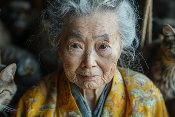 An elderly woman, approximately 71 years old, is sitting on a couch surrounded by multiple cats. The woman has gray hair and is wearing a blue and yellow blanket. One of the cats is sitting on the couch next to her, while another cat is in the background. The woman''s face shows signs of aging with visible wrinkles. The image captures a cozy scene of the woman enjoying the company of her feline companions. The primary colors in the image include shades of brown, gray, and green, creating a warm and inviting atmosphere.