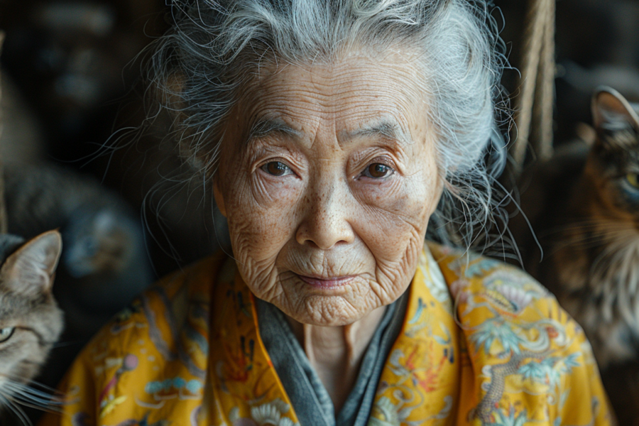 An elderly woman, approximately 71 years old, is sitting on a couch surrounded by multiple cats. The woman has gray hair and is wearing a blue and yellow blanket. One of the cats is sitting on the couch next to her, while another cat is in the background. The woman''s face shows signs of aging with visible wrinkles. The image captures a cozy scene of the woman enjoying the company of her feline companions. The primary colors in the image include shades of brown, gray, and green, creating a warm and inviting atmosphere.