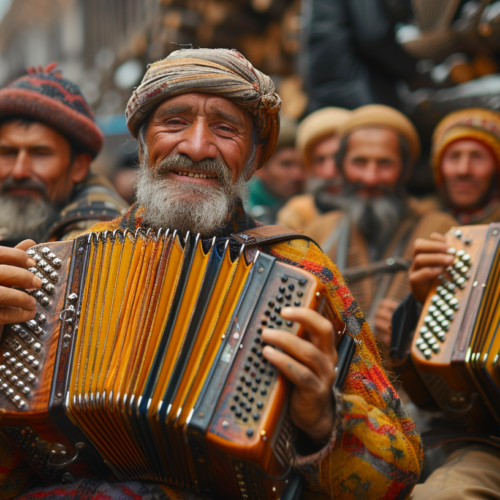 headscarf, man, accordion, instrument, wear, music, smile, hat, beard, face, person, close-up, play, musician, head, headdress, sun hat, nose, stare, cloth, sombrero, stool