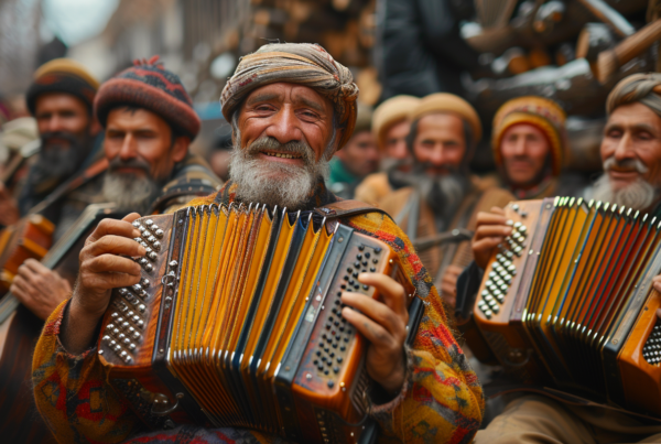 headscarf, man, accordion, instrument, wear, music, smile, hat, beard, face, person, close-up, play, musician, head, headdress, sun hat, nose, stare, cloth, sombrero, stool