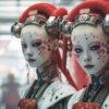 In this image, we see two women with striking red hair and white makeup, giving them an otherworldly appearance. They are dressed in elaborate costumes, possibly resembling geishas, in a room with a predominantly red color scheme. The women''s faces are intricately painted, with attention-grabbing details like bold red lips and defined eyebrows. Both women exude a sense of mystery and elegance, with their hair styled in intricate updos. The image captures the essence of traditional beauty and theatricality, creating a visually captivating scene that is both mesmerizing and enigmatic