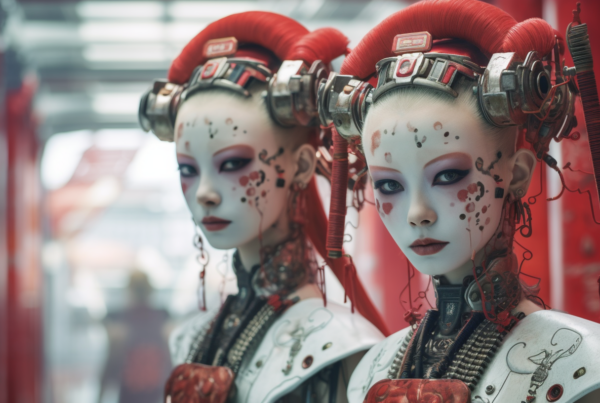 In this image, we see two women with striking red hair and white makeup, giving them an otherworldly appearance. They are dressed in elaborate costumes, possibly resembling geishas, in a room with a predominantly red color scheme. The women''s faces are intricately painted, with attention-grabbing details like bold red lips and defined eyebrows. Both women exude a sense of mystery and elegance, with their hair styled in intricate updos. The image captures the essence of traditional beauty and theatricality, creating a visually captivating scene that is both mesmerizing and enigmatic