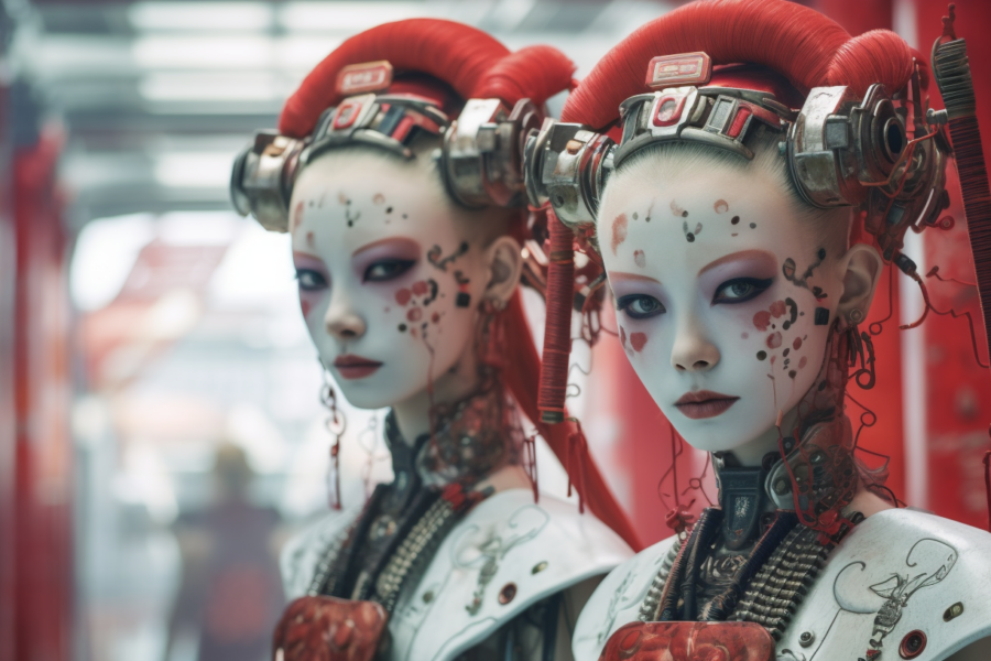In this image, we see two women with striking red hair and white makeup, giving them an otherworldly appearance. They are dressed in elaborate costumes, possibly resembling geishas, in a room with a predominantly red color scheme. The women''s faces are intricately painted, with attention-grabbing details like bold red lips and defined eyebrows. Both women exude a sense of mystery and elegance, with their hair styled in intricate updos. The image captures the essence of traditional beauty and theatricality, creating a visually captivating scene that is both mesmerizing and enigmatic