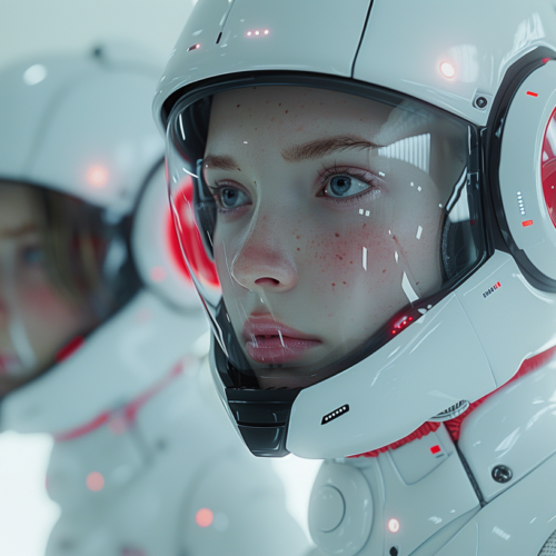 Two people are depicted in futuristic suits with red lights. The first person is wearing a helmet with a red light on it, while the second person is also wearing a helmet with red lights. The helmets are detailed with primary colors of #9bb8bd, #cf4960, and #424d4f. The suits are white in color, and the individuals are identified as a woman and a man. The woman''s suit has primary colors of #9ab7bb, #4d4c4f, and #e0edef, with an accent color of #2e3235. The man''s suit has primary colors of #87525f, #2a2f34, and #97afb6, with an accent color of #aa3c51.