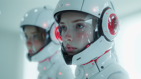 Two people are depicted in futuristic suits with red lights. The first person is wearing a helmet with a red light on it, while the second person is also wearing a helmet with red lights. The helmets are detailed with primary colors of #9bb8bd, #cf4960, and #424d4f. The suits are white in color, and the individuals are identified as a woman and a man. The woman''s suit has primary colors of #9ab7bb, #4d4c4f, and #e0edef, with an accent color of #2e3235. The man''s suit has primary colors of #87525f, #2a2f34, and #97afb6, with an accent color of #aa3c51.