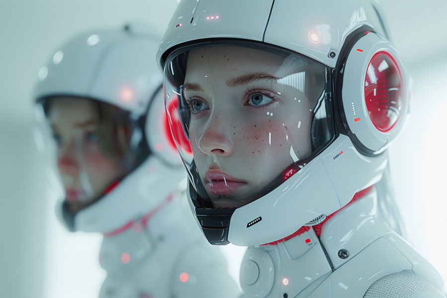 Two people are depicted in futuristic suits with red lights. The first person is wearing a helmet with a red light on it, while the second person is also wearing a helmet with red lights. The helmets are detailed with primary colors of #9bb8bd, #cf4960, and #424d4f. The suits are white in color, and the individuals are identified as a woman and a man. The woman''s suit has primary colors of #9ab7bb, #4d4c4f, and #e0edef, with an accent color of #2e3235. The man''s suit has primary colors of #87525f, #2a2f34, and #97afb6, with an accent color of #aa3c51.