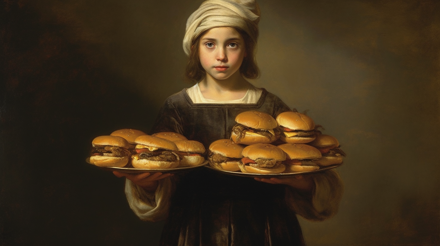 A Painting Of A Girl Holding A Tray Of Hamburgers.