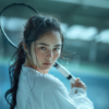 In this image, a woman is depicted holding a tennis racket in her hand. The woman appears to be outdoors, possibly on a tennis court, as indicated by the presence of a tennis racket. She is dressed in white and blue attire, suggesting she may be a tennis player. The background of the image is blurred, focusing the viewer''s attention on the woman and the tennis racket she is holding. The woman''s face is not visible in the image. Additionally, there is a microphone in the background, though it is not the main focus of the image. The overall color scheme of the image includes shades of blue, white, and gray.