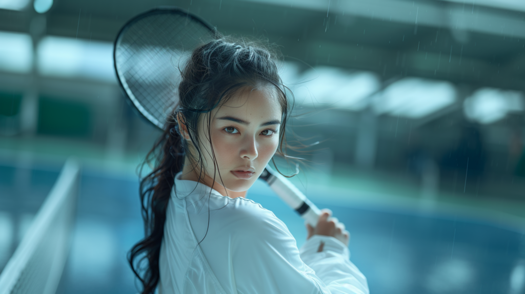 In this image, a woman is depicted holding a tennis racket in her hand. The woman appears to be outdoors, possibly on a tennis court, as indicated by the presence of a tennis racket. She is dressed in white and blue attire, suggesting she may be a tennis player. The background of the image is blurred, focusing the viewer''s attention on the woman and the tennis racket she is holding. The woman''s face is not visible in the image. Additionally, there is a microphone in the background, though it is not the main focus of the image. The overall color scheme of the image includes shades of blue, white, and gray.
