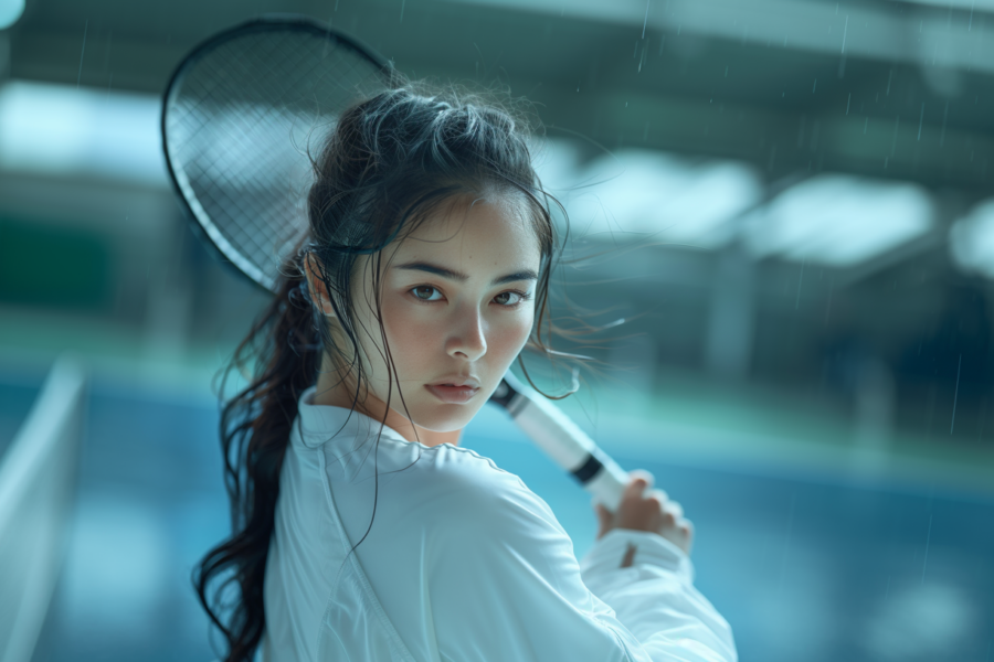 In this image, a woman is depicted holding a tennis racket in her hand. The woman appears to be outdoors, possibly on a tennis court, as indicated by the presence of a tennis racket. She is dressed in white and blue attire, suggesting she may be a tennis player. The background of the image is blurred, focusing the viewer''s attention on the woman and the tennis racket she is holding. The woman''s face is not visible in the image. Additionally, there is a microphone in the background, though it is not the main focus of the image. The overall color scheme of the image includes shades of blue, white, and gray.