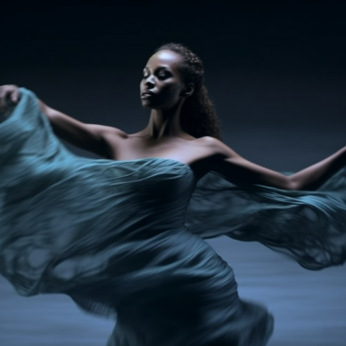 In this image, a woman in a stunning blue dress is gracefully dancing in a dark room. The flowing dress accentuates her movements as she twirls with her arms outstretched. The room appears to be lit with a soft glow, casting shadows around her. The woman exudes a sense of elegance and fluidity in her dance, creating a mesmerizing scene. The colors of the image are primarily shades of blue, grey, and black, adding to the mysterious and enchanting atmosphere. The woman, who appears to be in her late twenties, embodies the essence of a skilled dancer lost in the rhythm of the music.