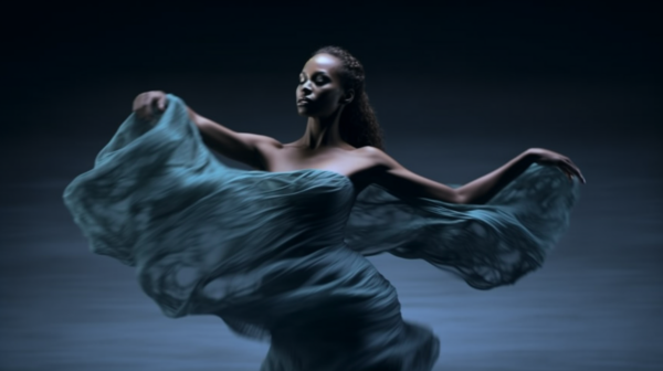 In this image, a woman in a stunning blue dress is gracefully dancing in a dark room. The flowing dress accentuates her movements as she twirls with her arms outstretched. The room appears to be lit with a soft glow, casting shadows around her. The woman exudes a sense of elegance and fluidity in her dance, creating a mesmerizing scene. The colors of the image are primarily shades of blue, grey, and black, adding to the mysterious and enchanting atmosphere. The woman, who appears to be in her late twenties, embodies the essence of a skilled dancer lost in the rhythm of the music.
