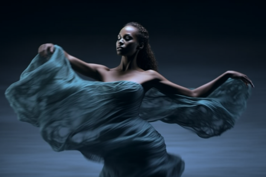 In this image, a woman in a stunning blue dress is gracefully dancing in a dark room. The flowing dress accentuates her movements as she twirls with her arms outstretched. The room appears to be lit with a soft glow, casting shadows around her. The woman exudes a sense of elegance and fluidity in her dance, creating a mesmerizing scene. The colors of the image are primarily shades of blue, grey, and black, adding to the mysterious and enchanting atmosphere. The woman, who appears to be in her late twenties, embodies the essence of a skilled dancer lost in the rhythm of the music.