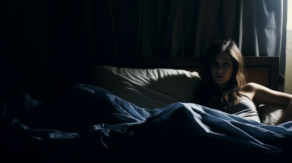 In the image, a young woman is peacefully laying in bed with a cozy blue blanket covering her. The room is dimly lit, creating a serene and relaxing atmosphere. A fluffy pillow is placed next to her, adding to the comfort of the scene. The woman appears to be in her early twenties and is the focus of the image, exuding a sense of tranquility and relaxation. The overall color palette of the image consists of shades of blue, gray, and white, enhancing the peaceful and calming vibe of the setting