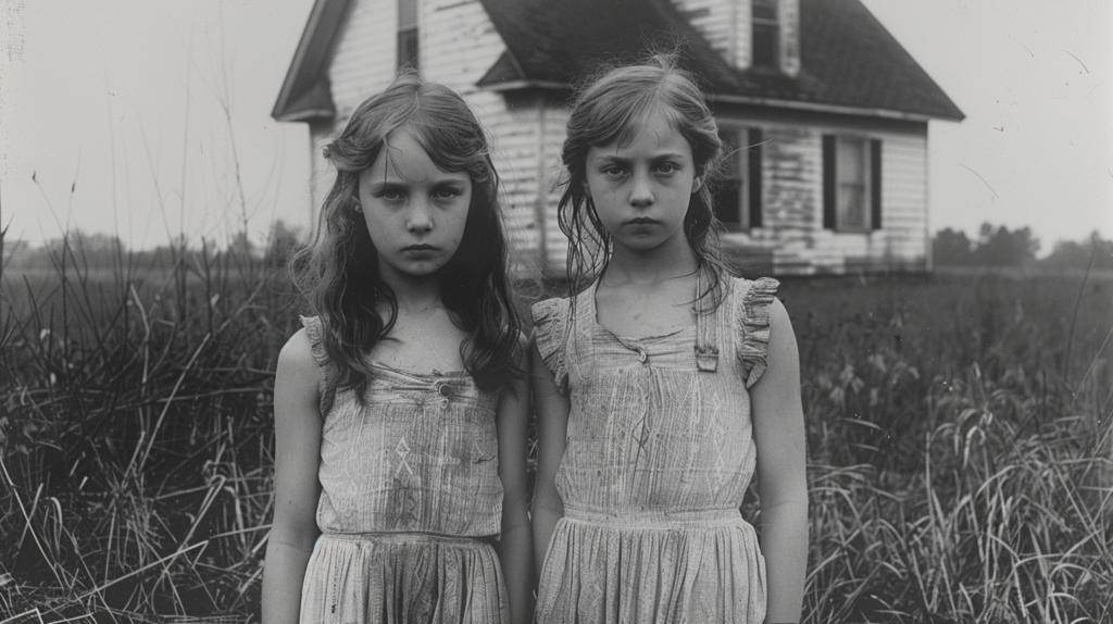 In this black and white photo, two young girls are standing in front of a house. The girl on the left, approximately 7 years old, is wearing a dress and has long hair. She appears to have a sad expression on her face. The girl on the right, around 10 years old, also wears a dress. Both girls are standing on grass, with a pillar of the house visible behind them. The image captures a moment of innocence and youth, with the girls looking contemplative. The setting gives a nostalgic feel, emphasizing the simplicity of childhood.