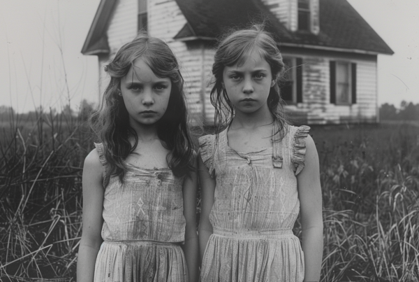 In this black and white photo, two young girls are standing in front of a house. The girl on the left, approximately 7 years old, is wearing a dress and has long hair. She appears to have a sad expression on her face. The girl on the right, around 10 years old, also wears a dress. Both girls are standing on grass, with a pillar of the house visible behind them. The image captures a moment of innocence and youth, with the girls looking contemplative. The setting gives a nostalgic feel, emphasizing the simplicity of childhood.