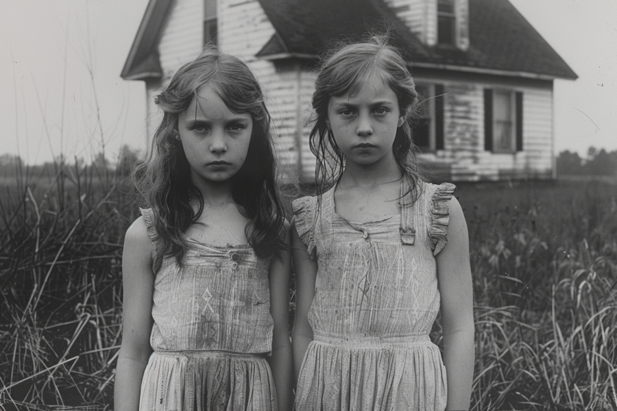 In this black and white photo, two young girls are standing in front of a house. The girl on the left, approximately 7 years old, is wearing a dress and has long hair. She appears to have a sad expression on her face. The girl on the right, around 10 years old, also wears a dress. Both girls are standing on grass, with a pillar of the house visible behind them. The image captures a moment of innocence and youth, with the girls looking contemplative. The setting gives a nostalgic feel, emphasizing the simplicity of childhood.