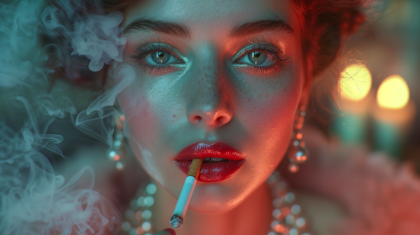 In this image, a young woman is depicted with a cigarette in her mouth. She has a bold red lipstick on her lips and is wearing a necklace around her neck. The woman has striking blue eyes and is exhaling smoke from the cigarette. The focus is on her face, showing a close-up view of her features. The woman appears to be in her early twenties and exudes a sense of confidence. The overall color scheme of the image includes shades of red, blue, and beige, creating a moody and dramatic atmosphere.