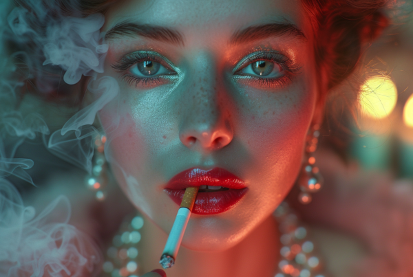 In this image, a young woman is depicted with a cigarette in her mouth. She has a bold red lipstick on her lips and is wearing a necklace around her neck. The woman has striking blue eyes and is exhaling smoke from the cigarette. The focus is on her face, showing a close-up view of her features. The woman appears to be in her early twenties and exudes a sense of confidence. The overall color scheme of the image includes shades of red, blue, and beige, creating a moody and dramatic atmosphere.