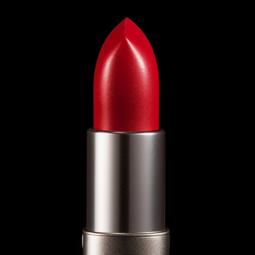 In this image, we see a close-up of a vibrant red lipstick with a shiny silver rim. The lipstick is the focal point, standing out against a dark black background. The red color is bold and eye-catching, with a hint of shine from the silver rim adding a touch of elegance. The lipstick appears to be well-crafted and high-quality. There are no visible objects or people in the frame, allowing the viewer to focus solely on the beauty of the lipstick. The image is well-lit, showcasing the rich color and texture of the lipstick.