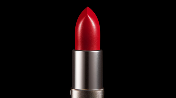 In this image, we see a close-up of a vibrant red lipstick with a shiny silver rim. The lipstick is the focal point, standing out against a dark black background. The red color is bold and eye-catching, with a hint of shine from the silver rim adding a touch of elegance. The lipstick appears to be well-crafted and high-quality. There are no visible objects or people in the frame, allowing the viewer to focus solely on the beauty of the lipstick. The image is well-lit, showcasing the rich color and texture of the lipstick.